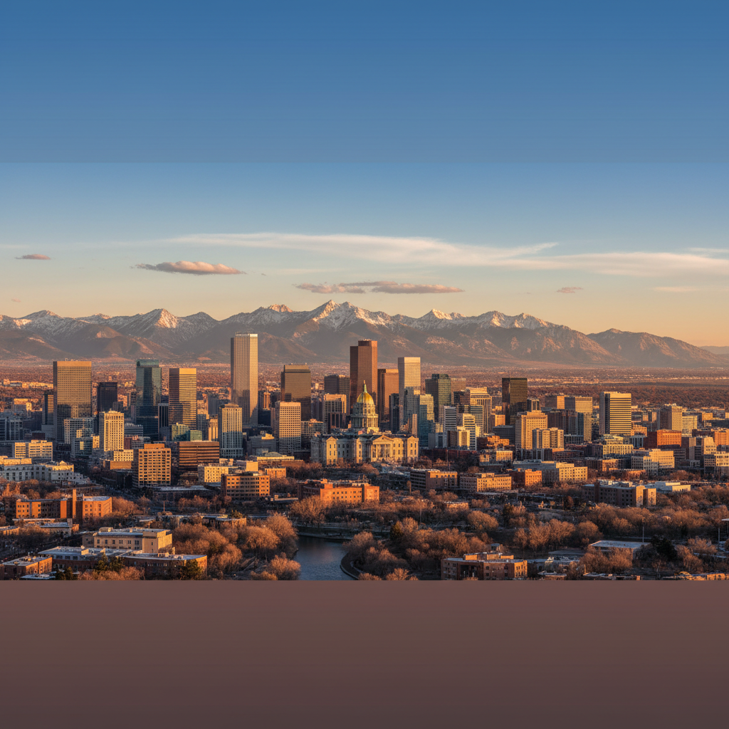 Denver Colorado skyline with Rocky Mountains